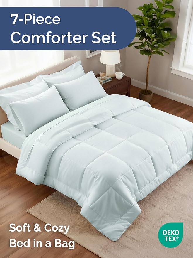 Full Comforter Set - 7 Piece Bed in a Bag Full Size Bed Set - Down Alternative Comforter, Flat Sheet, Fitted Sheet, Pillowcase & Shams for All Seasons - Ultra Soft, Cozy, Comfy & Breathable - Ice Blue