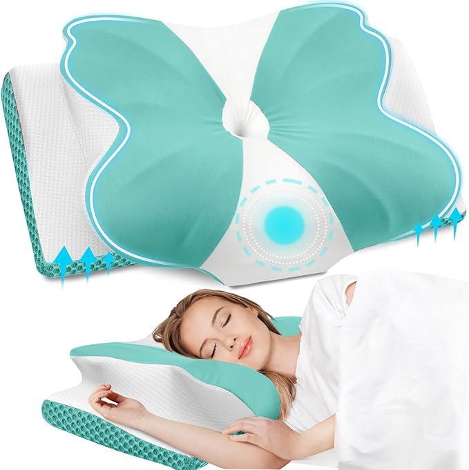 CloudBliss Cervical Memory Foam Pillow for Neck and Shoulder, Contour Neck Support Pillow with Cooling Case, Ergonomic Bed Pillow, Support for Side Back Stomach Sleepers (Green, Queen Size)