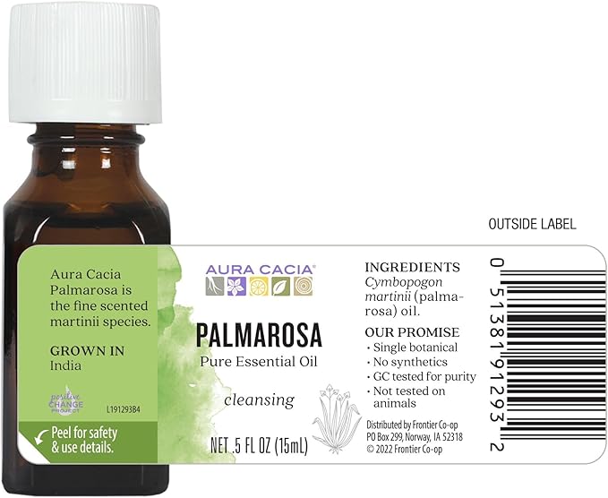 Aura Cacia Palmarosa Essential Oil, Cymbopogon Martinii Oil, Cleansing Aromatherapy for Diffusers, Skincare, Home Cleaning, Custom Blends | 0.5 Fl Oz (Pack of 1)