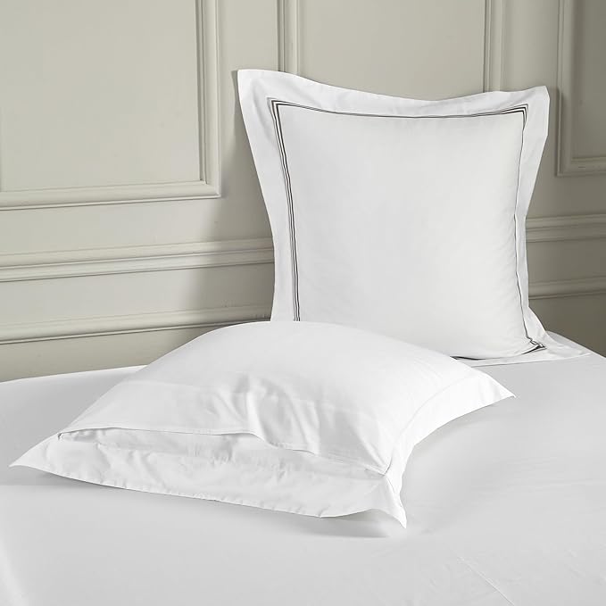 White Pillow Shams Euro Size Set of 2, 100% Cotton Luxury Hotel Embroidered 3-Lines Stitched Hem Pillowcases, 400TC Sateen Weave Decorative Pillow Cases with Envelope Closure for Bedding, 26x26 Inches