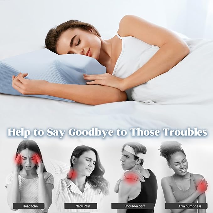 Cervical Pillow for Neck Pain Relief, Cooling Contour Memory Foam Pillows Support Odorless Ergonomic Neck Pillow Adjustable Orthopedic Bed Pillow for Side Back Stomach Sleeper,Blue