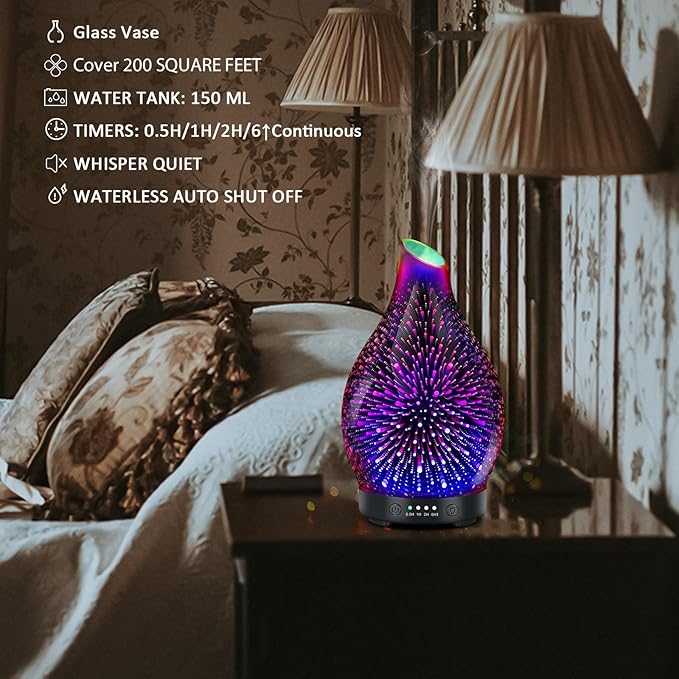 Essential Oil Diffuser 150ML -3D Firework Glass Aromatherapy Diffusers for Essential Oils with 4 Timer Setting Auto Shut-Off Silent Operation 7 Colors Lights Changing, Mothers Day for Room, Office