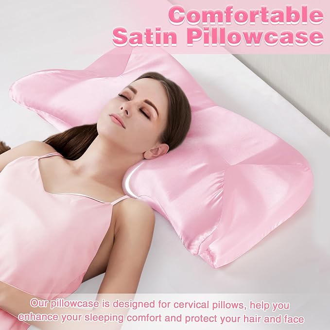 Satin Pillowcase for Cervical Pillow, Pink Silky Cervical Pillow Case Contour Pillow Case Cover with Zipper, Smooth Ergonomic Pillowcase for Neck Pillow Cover