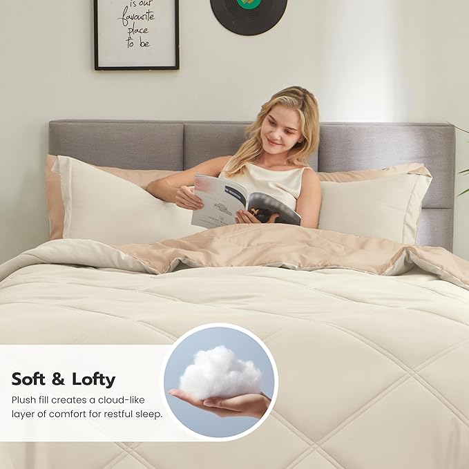 Joiedomi Queen Comforter Set with Sheets Beige, 7 Pieces Queen Bed Set with 1 Down Alternative Comforter, 1 Flat Sheet, 1 Fitted Sheet, 2 Pillowcases and 2 Pillow Shams, Bed in a Bag for All Seasons