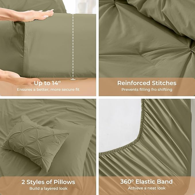 Sasttie Twin XL Comforter Set, 5-Piece Bed in a Bag, Pintuck Bedding Sets for All Season, Includes Comforter, Flat Sheet, Fitted Sheet, Pillowcase and Pillowsham, Olive Green