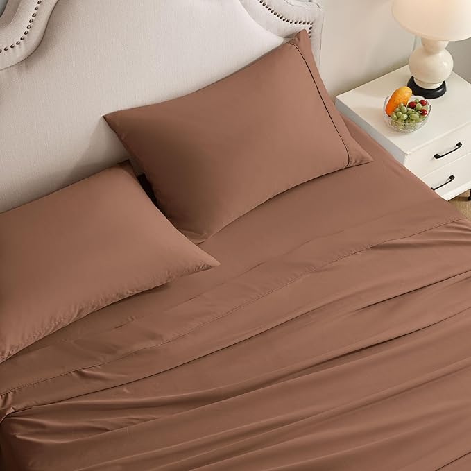 Twin Sheets Set, 3 Pieces Hotel Luxury Soft Microfiber Bed Sheets Set, Up to 16" Deep Pockets, Oeko-Tex Sheets with Elastic, Breathable, Wrinkle Free (Brown,Twin)