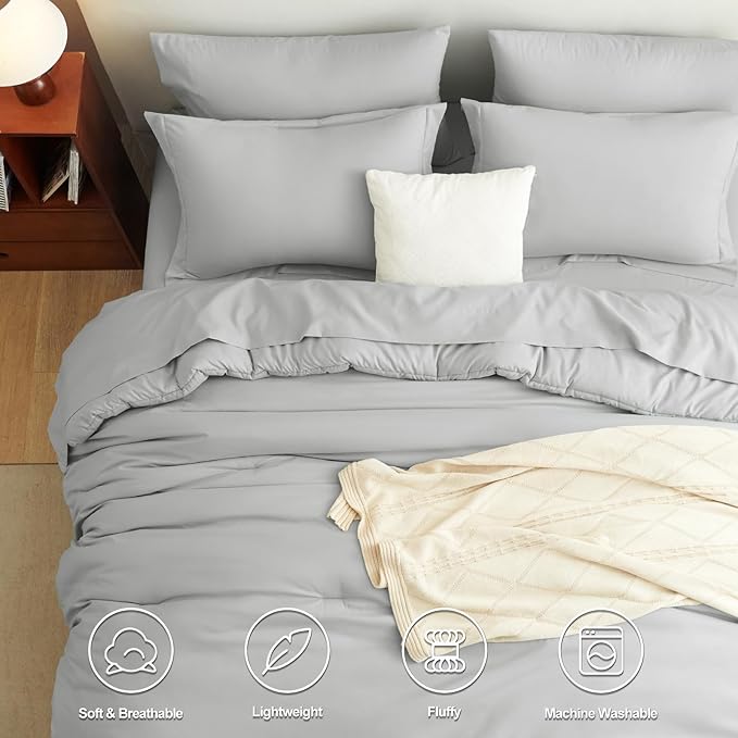 CozyLux Full Size Comforter Sets Light Grey, 7 Pieces Bed in a Bag Full Comforter Set with Sheets, Light Gray Luxury Soft Bedding Set with Down Alternative Comforter, Sheets, Pillowcases & Shams