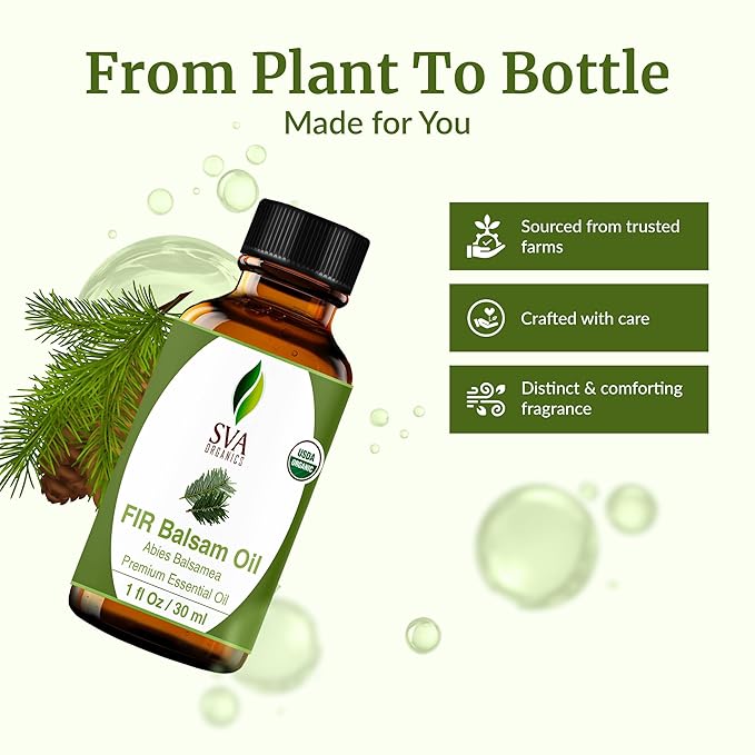SVA Fir Balsam Essential Oil Organic – 1 Fl Oz – 100% Natural Organic Fir Oil - for Diffuser, Hair Care, Face, Skin Care, Aromatherapy, Scalp and Body Massage, Soap and Candle Making – with Dropper