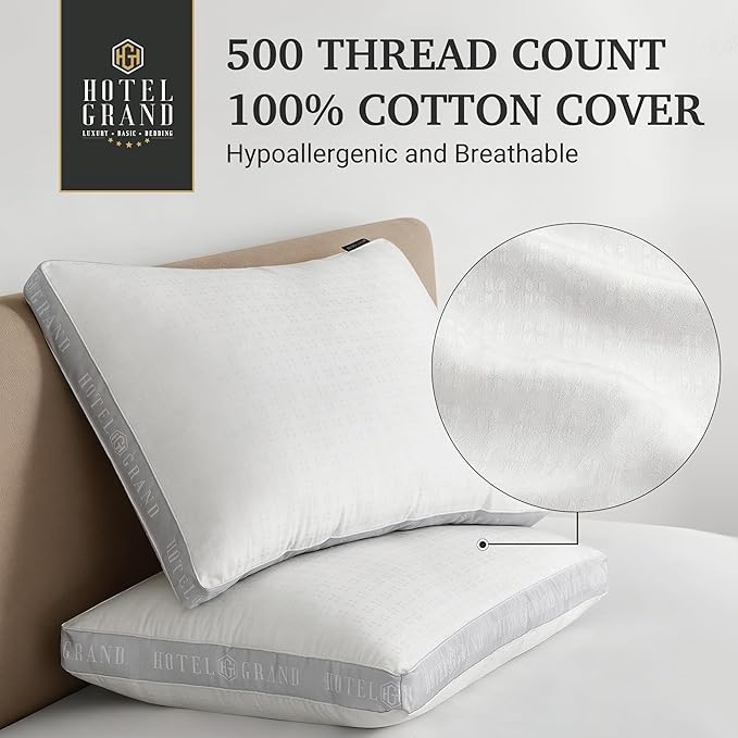 Hotel Grand Bed Pillows King Size Set of 2, 500 Thread Count Cotton Cover, Down Alternative Hotel Pillow for Side, Back, or Stomach Sleepers, Medium Firm Hypoallergenic 18”x34”