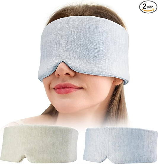 2 Pack Sleep Masks, Cooling Fabric Soothing Sleeping Mask for Side Sleeper, Large Size Adjustable Velcro Cool Eye Masks, No Gel, No Eye Cups, No Pressure (Khaki & Light Blue)