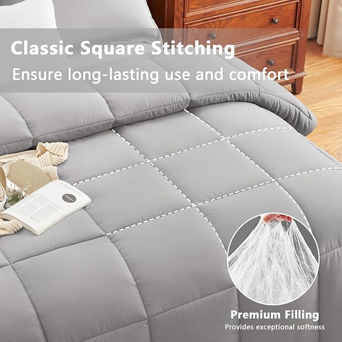 CozyLux King Size Comforter Set - French Grey Comforter King, 3 Pieces Box Stitched Bed Set for All Seasons, Soft Lightweight Bedding Sets with 1 Down Alternative Comforter and 2 Pillow Shams