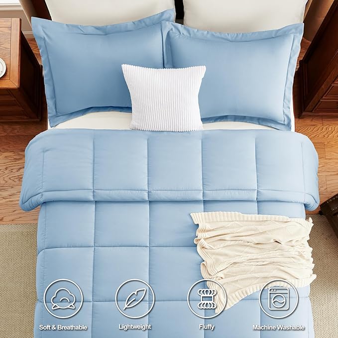 CozyLux Queen Comforter Set Baby Blue - 3 Pieces Box Stitched Comforters Queen Size, Soft Bed Set for All Seasons, Lightweight Bedding Sets with 1 Down Alternative Comforter and 2 Pillow Shams