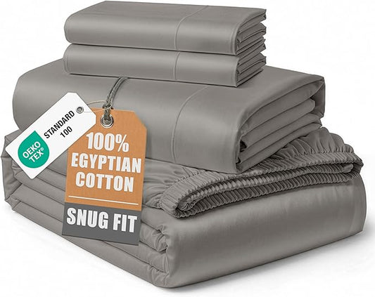 100% Egyptian Cotton King Sheet Set – Naturally Cooling & Breathable Sateen 4 Piece King Sheets, Authentic Long-Staple Cotton for Lasting Softness, Snug Fit 15" Deep Pocket Fitted - Charcoal
