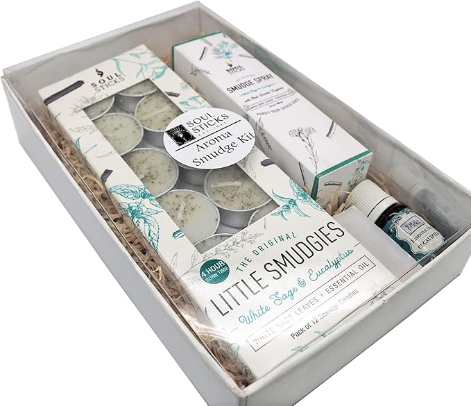 SOUL STICKS Aroma Smudge Kit | Gift Set with Little Smudgies Candles, Smudge Spray, Essential Oil and 2 Selenite Wand in White Gift Box (Eucalyptus)