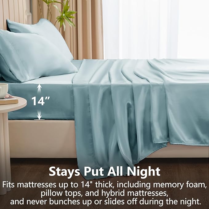 CozyLux Satin Sheets Full Size Sheets - 4 Piece Silky Full Size Bed Sheets, Luxury Light Blue Full Bed Set with Smooth and Soft Microfiber, Includes 1 Fitted Sheet, 1 Flat Sheet and 2 Pillowcases
