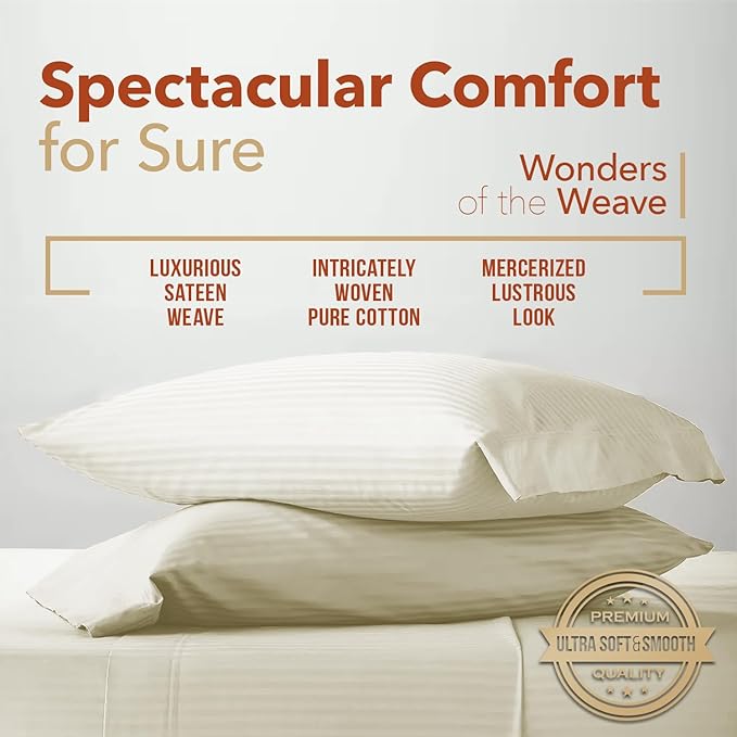 TEXAS LINEN CO. Luxury Egyptian Cotton Twin Size Sheet Set - Texan Talkin' Damask 600 Series 3 PC Deep Pocket Fitted and Flat Sheets, Extra Long Staple Sateen Bedding, Dorm Room Sheets - Beige Stripe