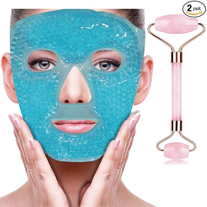 ZNÖCUETÖD Ice Face Facial Jade Roller and Ice Face Mask Cold Cooling Gel Mask Gift Set for Women Aging Wrinkles Lifting Firming Puffy Eyes, Eye Face Neck Roller Massager SPA Tools