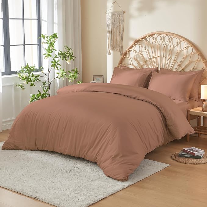 DOZ 100% Long Staple Cotton Duvet Cover Set, Soft Sateen Weave, Smooth, Breathable, Hotel Comfort, 90"x90", 8 Loops, 3pc – 2 Pillowcases 1 Duvet Cover (Clay, Full/Queen)