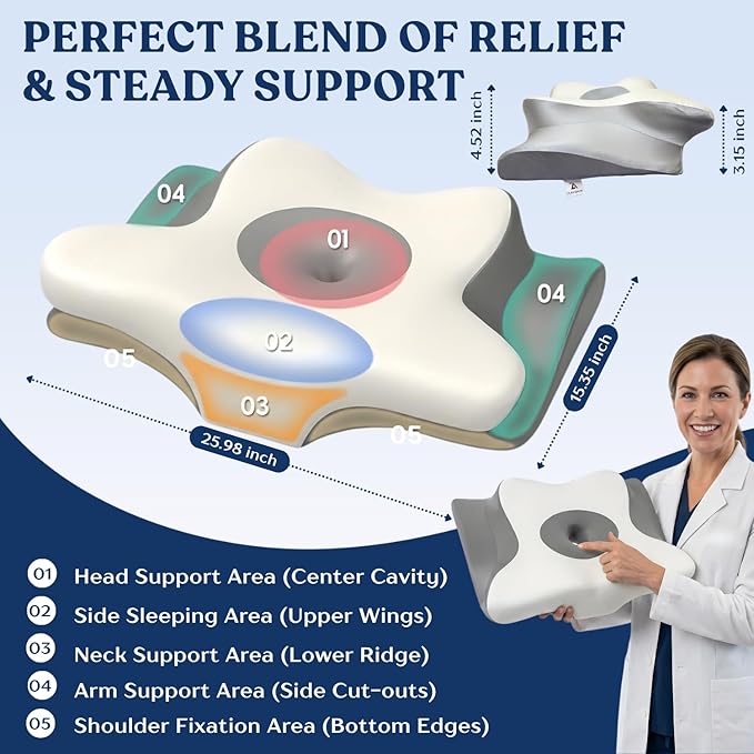 Ergonomic Cervical Neck Pillow for Neck Pain Relief, Side Sleeper Pillow, Orthopedic Pillow, Sleep Apnea Pillow, Cooling Cervical Neck Pillow, Butterfly Contour Pillow with Silk Cover & Travel Bag