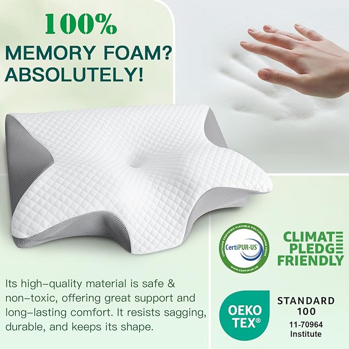 Memory Foam Cervical Pillow, 2-in-1 Ergonomic Neck Support Pillow with Armrest & Ear Hole, Contour Orthopedic Bed Pillow for Pain Relief, Adjustable Height for Side, Back & Stomach Sleepers