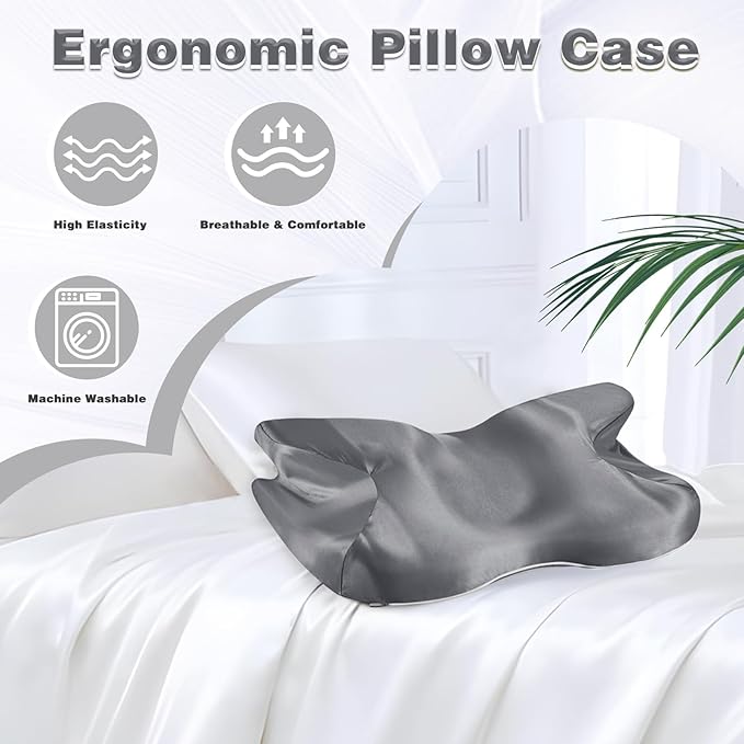Satin Pillowcase for Cervical Pillow, Dark Grey Silky Cervical Pillow Case Contour Pillow Case Cover with Zipper, Smooth Ergonomic Pillowcase for Neck Pillow Cover