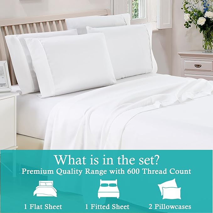 King 4 Pc Sheet Set 600 TC Egyptian Cotton Sheets King Size Cotton Sheets for King Size Bed Sateen Long Staple Deep Pockets Flat Fitted Pillow Case Better Than Percale Hotel Quality White