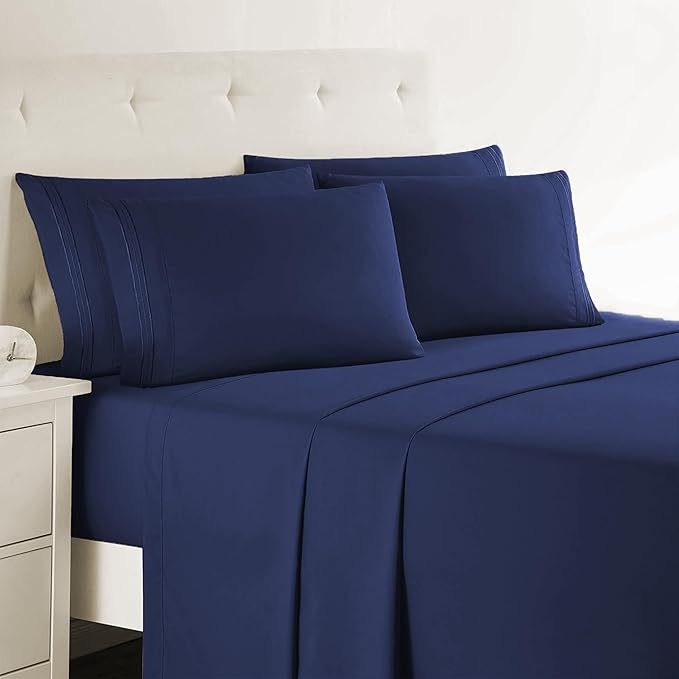 Clara Clark Full Sheets, 6 Piece Set - Hotel Luxury Bed Sheets, Super Soft Bedding Set, Full Size, Navy Blue