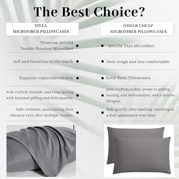 YIYEA California King Pillow Cases Set of 4, Ultra Soft 1800TC Hotel Quality Double Brushed Microfiber Embroidered Pillowcases, Envelope Closure, Fade Resistant (20"x40", Medium Grey)