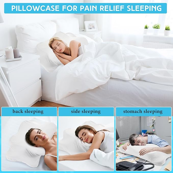 Hahafelt 2 Pcs Cooling Cervical Pillowcase with Zipper (Only Pillowcase) Ergonomic Cervical Neck Pillow Cover Breathable Cool Pillow Case for Side Back Stomach Sleepers(White,Queen Size)