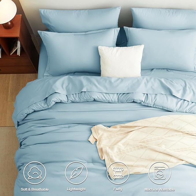 CozyLux King Size Comforter Set Light Blue, 7 Pieces Bed in a Bag King Comforter Set with Sheets, Luxury Bedding Sets with Down Alternative Comforter, Fitted Sheet, Flat Sheet, Pillowcases & Shams