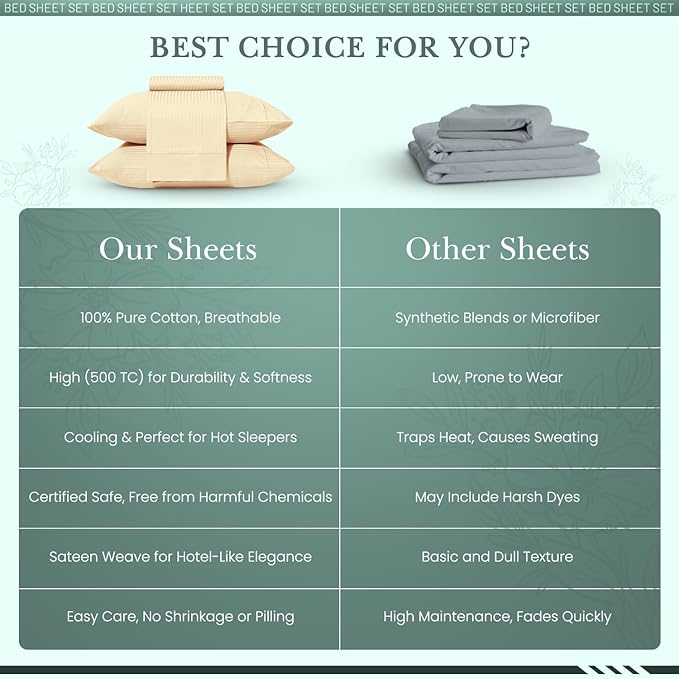 Feather & Stitch 500 TC Queen Size Damask Bed Sheet Set, 100% Cotton Soft Breathable Bedsheets, 4 Piece 18" Deep Pockets Sateen Weave Striped Bedding Mattress Resort Hotel Luxury - (Semolina Stripe)