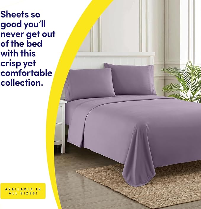 Sweet Home Collection 1500 Thread Count Luxury Hotel Bed Sheets & Pillowcase Set, Full Size, Plum Color, Microfiber, Fitted Sheet with Elastic Corner Straps, Deep Pockets, Wrinkle & Fade Resistant