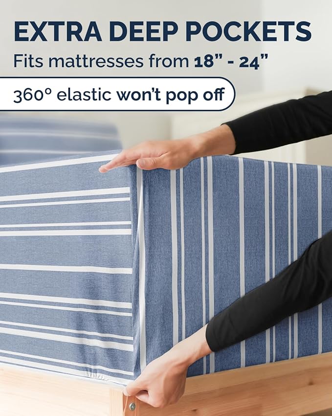 Extra Deep Twin XL Sheet Set - 4 Piece Breathable and Cooling Sheets - Hotel Luxury Bedding for Women, Men, Kids & Teens - Easy Secure Fit - Soft & Wrinkle Free with Extra Deep Pockets - Blue Stripes