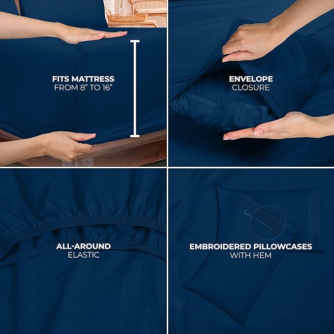 ROYALE LINENS 3 Piece Twin Sheets Set - Soft Brushed 1800 Microfiber Bedding - 1 Fitted and 1 Flat Sheet, 1 Pillow case - Wrinkle Free & Fade Resistant - Hotel Luxury Bed Sheets Set (Navy, Twin)