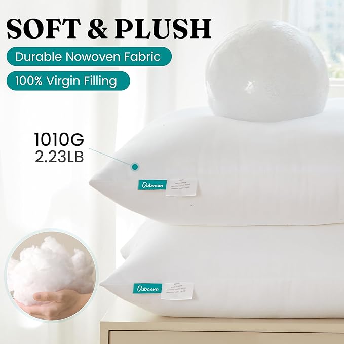 Oubonun 24 x 24 Throw Pillow Inserts - Soft, Plush & Decorative Down Alternative Pillows for Couch Sofa Bed, Machine Washable - White, Pack of 2