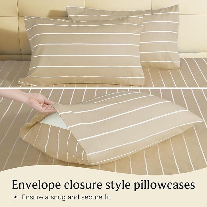 LuxClub 4 PC Queen Size Sheet Set, Breathable Luxury Bed Sheets, Deep Pockets 18" Wrinkle Free Cooling Machine Washable Hotel Bedding (Striped Cream)