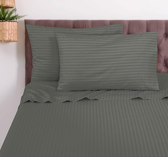 ROYALE LINENS 4 Piece Full Sheets Set - Soft Brushed 1800 Microfiber Bedding - 1 Fitted, 1 Flat Sheet, 2 Pillow Cases - Wrinkle Free & Fade Resistant - Hotel Luxury Bed Sheets (Stripe Grey, Full)