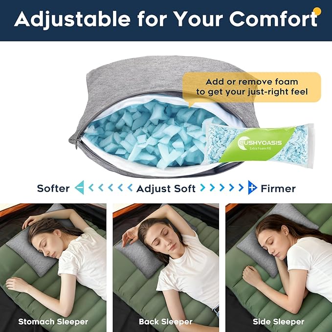 CushyOasis All-in-1 Camping Pillow Set - Shredded Memory Foam Neck Pillow Travel Pillow with Eye Mask, Earplugs, Washable Cover, Compact for Backpacking, Camping, Flights, Car Travel (Small Size)