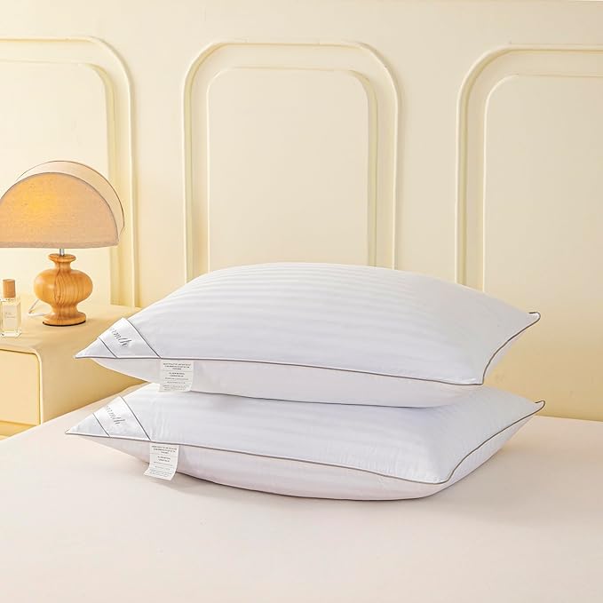 Goose Feather Down Pillow, 100% Cotton Cover Bed Pillow Set of 2 Stripe White Queen (Pack of 2)