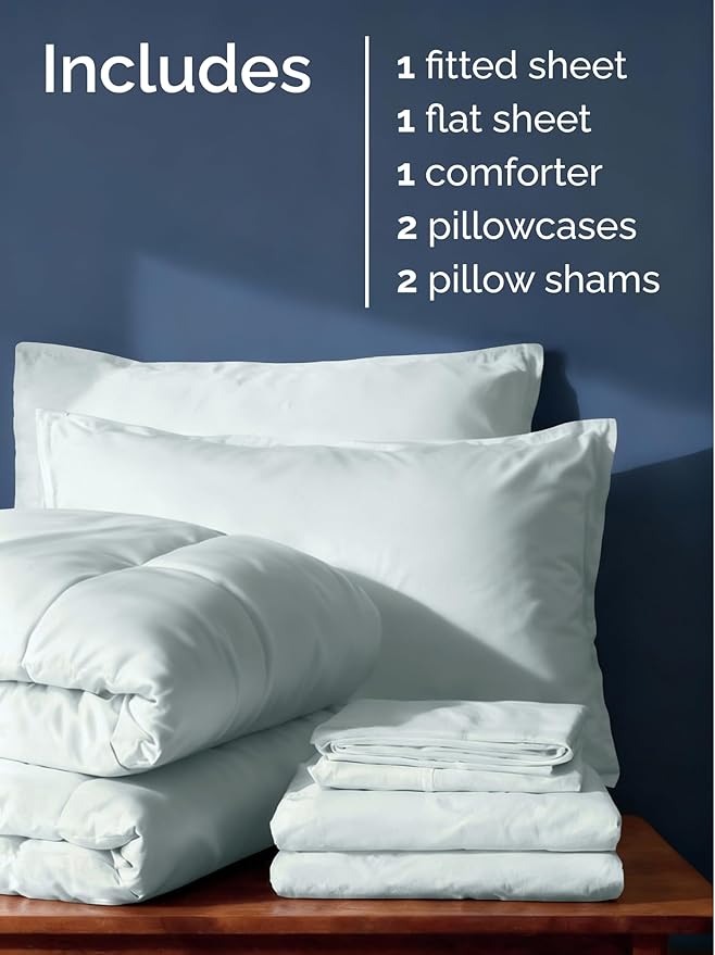 King Comforter Set - 7 Piece Bed in a Bag King Size Bed Set - Down Alternative Comforter, Flat Sheet, Fitted Sheet, Pillowcase & Shams for All Seasons - Ultra Soft, Cozy, Comfy & Breathable - Ice Blue