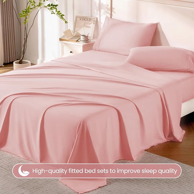 ROSE&RISY Pink King Sheet Set, 4 Pieces Soft Bedding King Sheet Set, Breathable and Cooling Sheet Bed Set,Includes 1 Fitted, 1 Flat, 2 Pillow Cases - Deep Pocket (Pink, King Size)