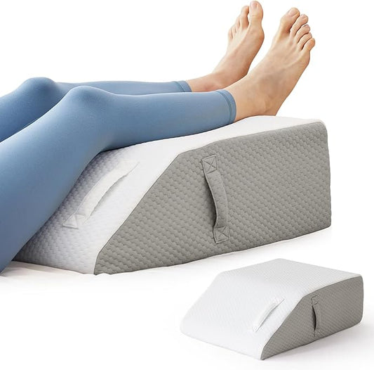 BIEEZZK Leg Pillow Elevation Blood Circulation, Leg Elevating Pillows for After Surgery, Sleeping, Memory Foam Wedge Pillow for Legs Swelling, Foot Knee Pillow for Back Pain, 23.6×16.8×8in, White/Grey