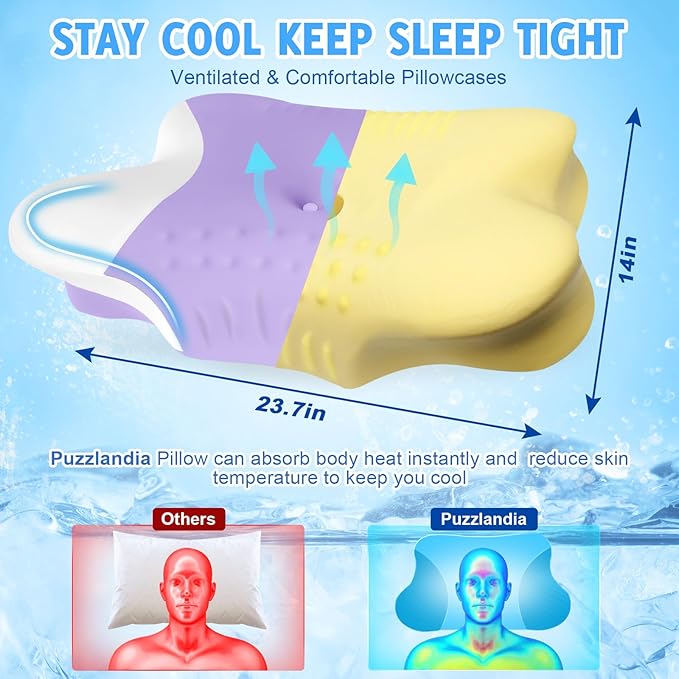 Cervical Neck Pillows with Memory Foam - Ergonomic Neck Support Pillows for Pain Relief Contour Memory Foam - Adjustable Orthopedic Bed Pillows with Cooling Pillowcase for Sleeping - Purple