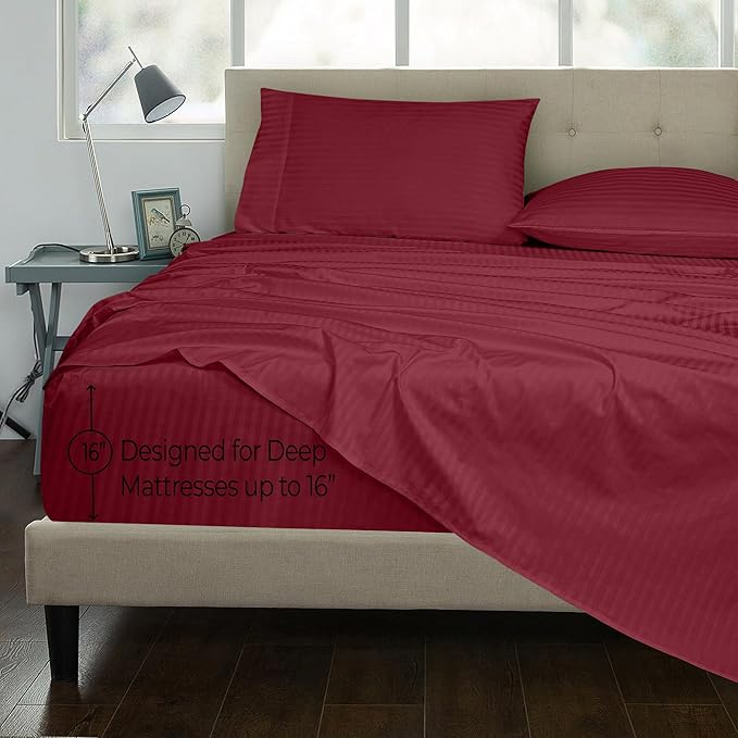 ROYALE LINENS 300 Thread Count 100% Long Staple Combed Cotton Sheet Set - 4 Piece King Bed Sheets - 1 Fitted, 1 Flat & 2 Pillow Cases - Soft Cool & Crisp Sheet Set (King, Stripe Burgundy)