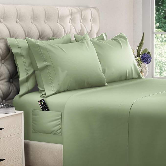 DREAMCARE Queen Sheet Set - 6 pcs Breathable Cooling Bed Sheets - up to 21" Extra Deep Pocket Queen Sheets Set with Side Pockets - Extra Soft 100% Brushed Hypoallergenic Hotel Luxury Bedding SageGreen