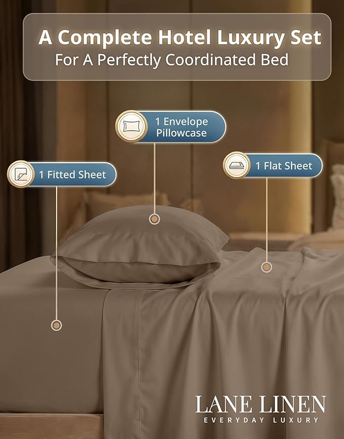 LANE LINEN 100% Cotton Sheets Set - 600 Thread Count Premium Sateen Weave for Extra Gentle Feel On Skin - Cooling Sheets for a Deep Sleep - 15'' Deep Pocket for Snug Fit to Your Mattress - Taupe