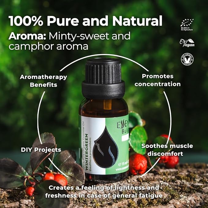 Essences Bulgaria Wintergreen Essential Oil 15ml (0.51 Fl Oz) | Gaultheria procumbens | 100% Pure, Natural, Undiluted | Aromatherapy, Cosmetics | Vegan, Non-GMO, Cruelty-Free