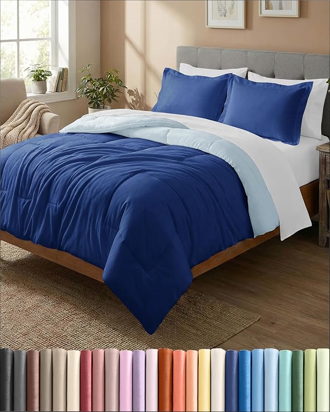 Full Comforter Set - 3 Piece Bed Set for All Seasons - 1 Soft Quilted Comforter w/ Corner Tabs & 2 Pillow Shams - Comfy, Cozy & Breathable - Premium Down Duvet Insert - Full Size, Navy Blue/Sky Blue