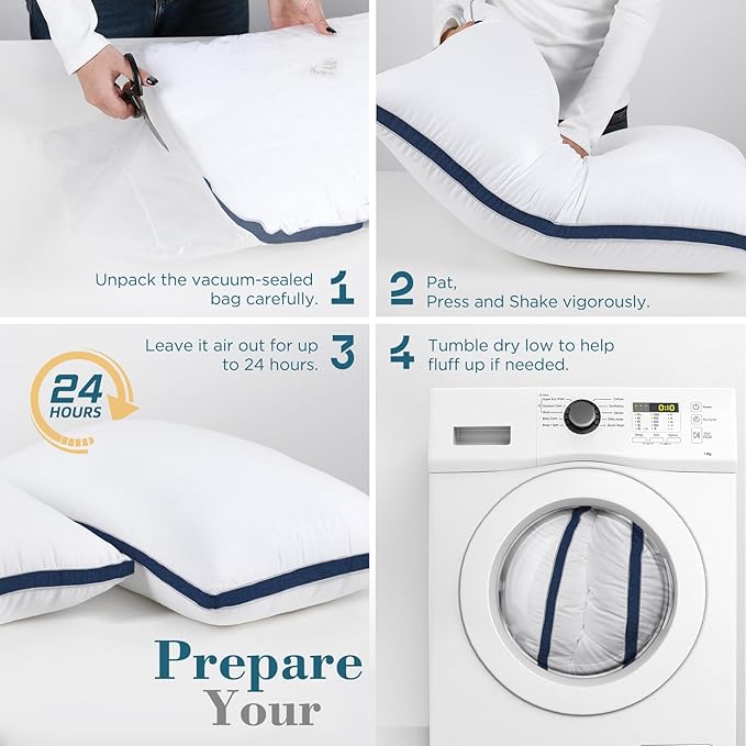 viewstar Bed Pillows Queen Sizes Set of 2, Hotel Quality Cooling Down Alternative Gusseted Pillows for Side, Back, or Stomach Sleepers, Navy