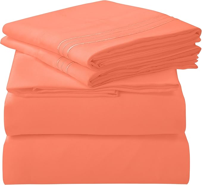ROYALE LINENS 4 Piece King Sheets Set - Soft Brushed 1800 Microfiber Bedding - 1 Fitted and 1 Flat Sheet, 2 Pillow Cases - Wrinkle Free & Fade Resistant - Hotel Luxury Bed Sheets Set (Coral, King)